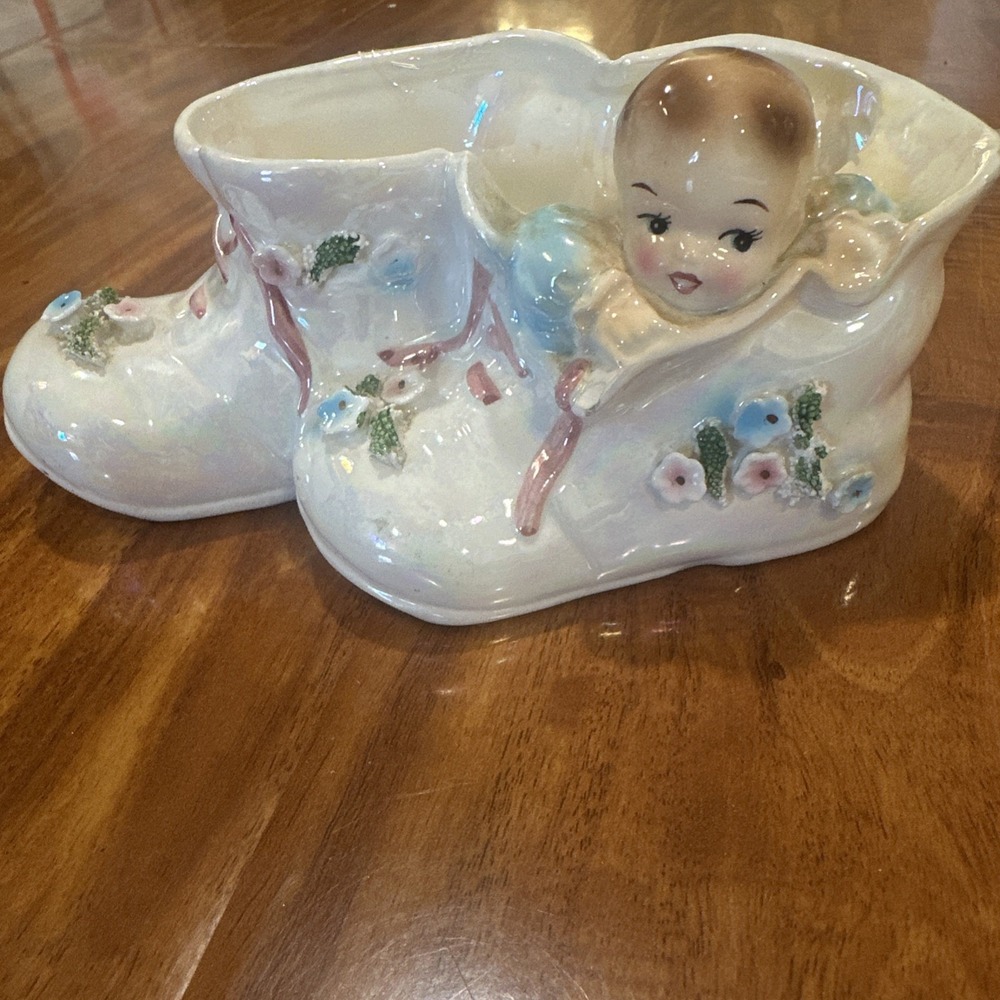 Lefton Ceramic Luster Baby Boot Planter Iridescent Pink Blue Floral Vintage